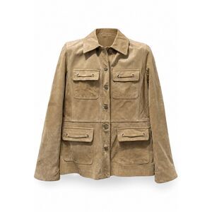 Genuine Suede Leather Jacket Tan Utility Safari Coat Boho Western Womens Medium